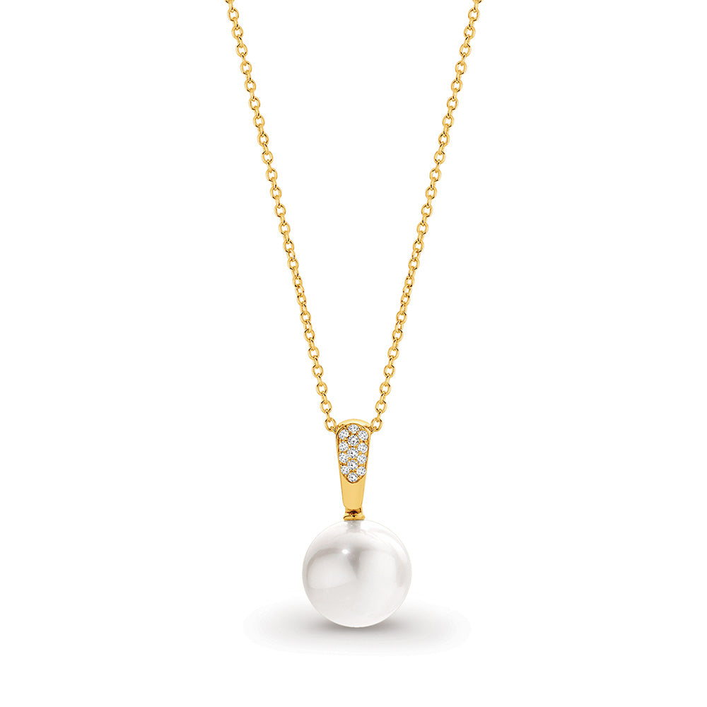 Autore Pendant 18Ct Yellow Gold With 13 X Rbc Diamonds 11Mm Autore South Sea Pearl White Round Near Round Tdw=0.08Ct