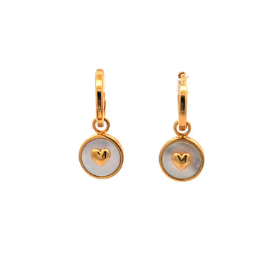 Onatah Sterling Silver Yellow Gold Plated Mother Of Pearl Disc With Heart Motif Huggie Drop Earrings