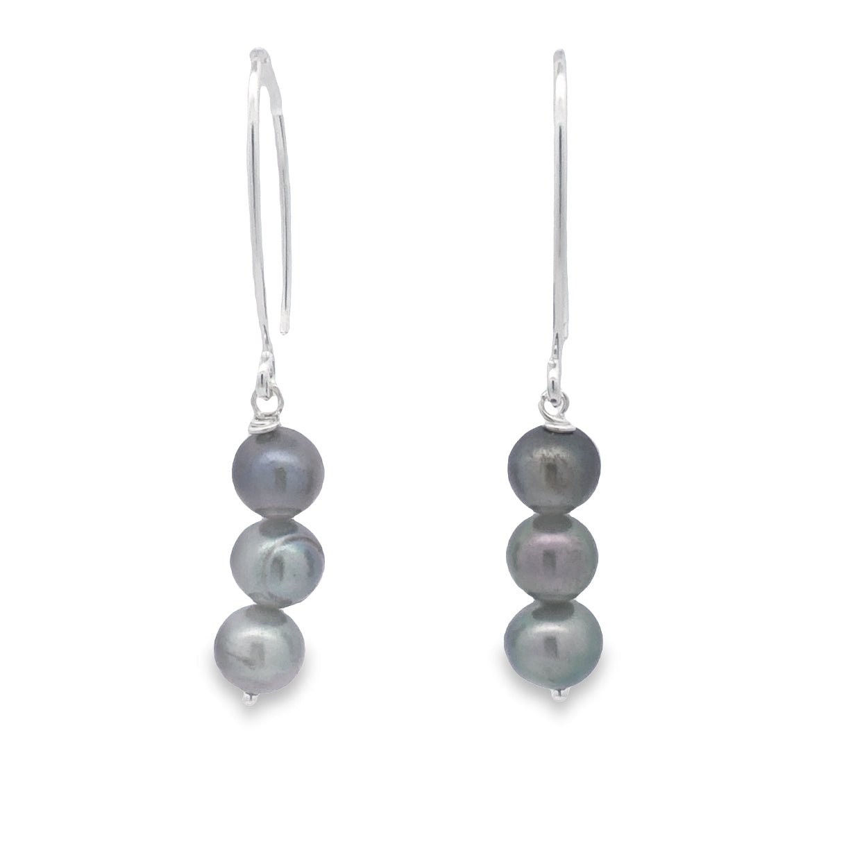 Sterling Silver 3 Black Pearl On Marquise Shaped Shephooks