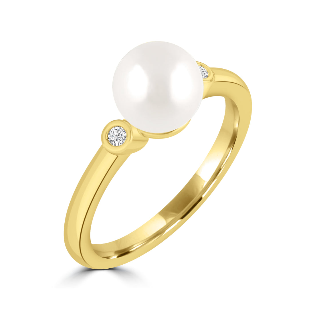 9K Yellow Gold Freshwater Pearl & Lab Grown Diamond Dress Ring Tdw 0.04Ct F Vs Size N