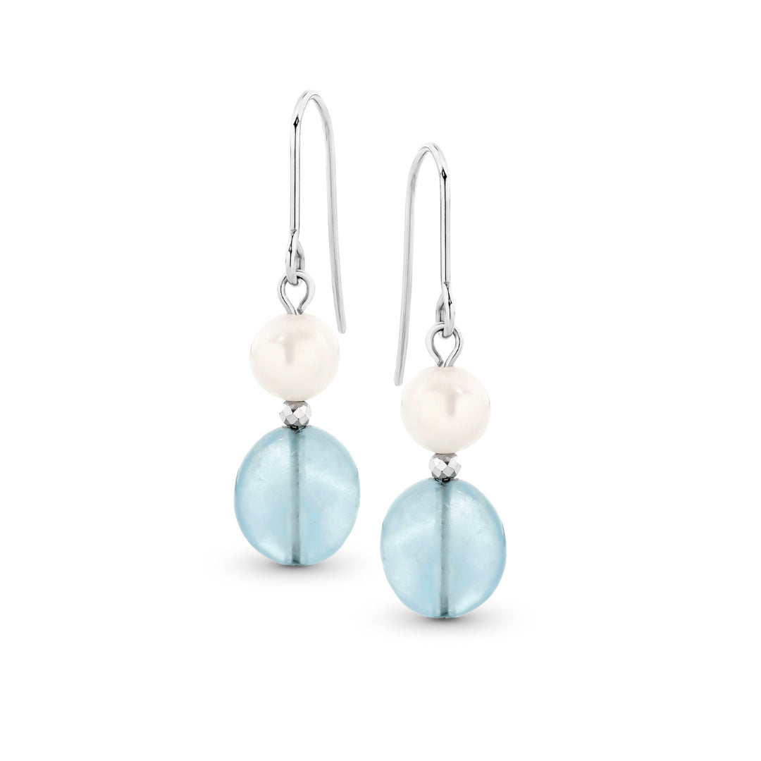 Sterling Silver 8-9Mm Aquamarine, 2Mm Hematite, 5-6Mm Freshwater Pearl Hook Earrings