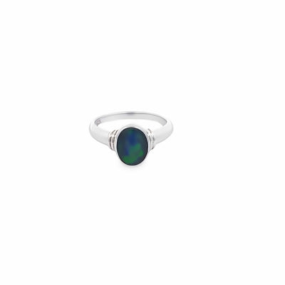 Sterling Silver 9X7mm Oval Blue/Green Triplet Opal Bezel Set Ring With Details On Band.