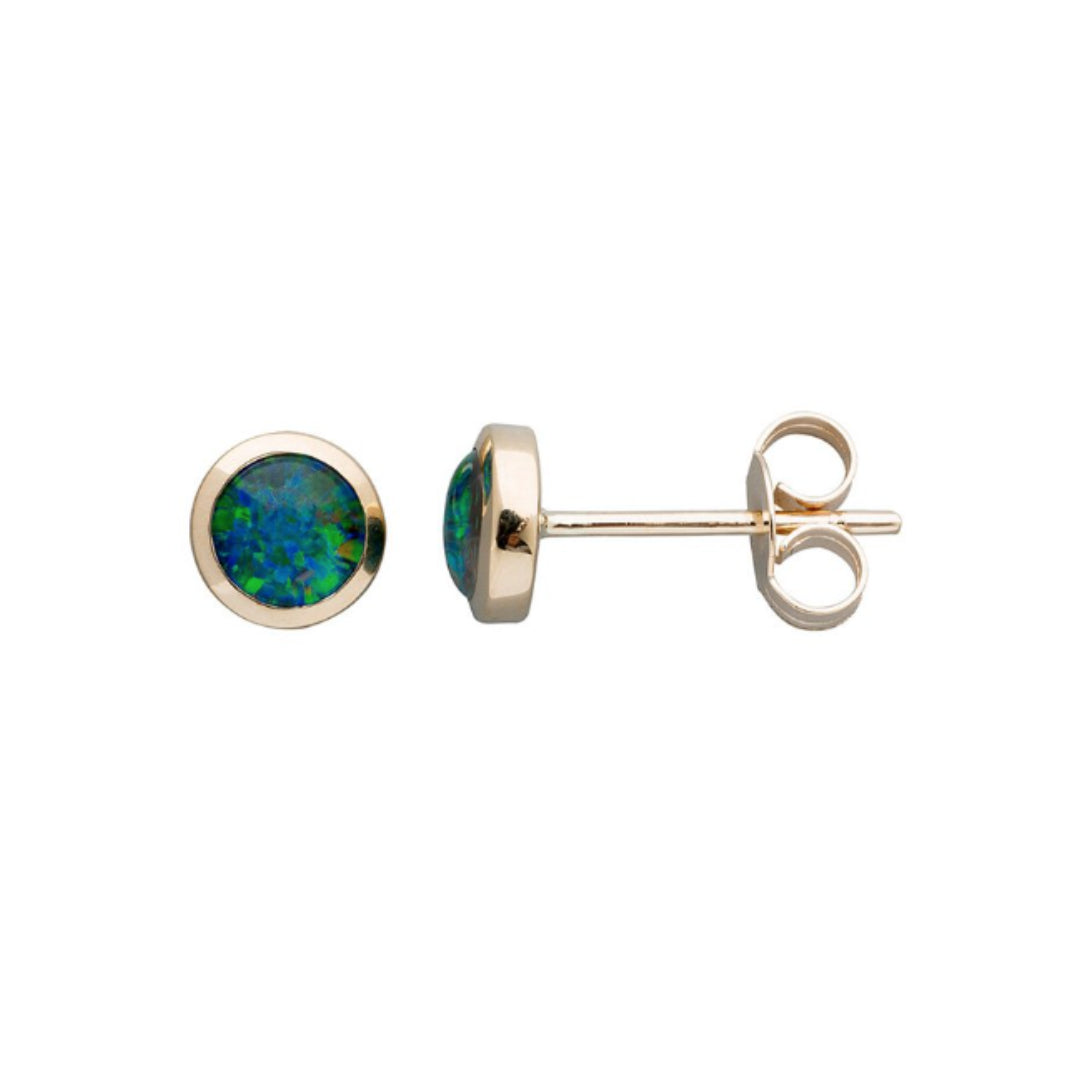 9Ct Yellow Gold Round 5Mm Red/Blue/Green Triplet Opal Bezel Set Stud Earrings.