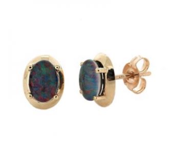 9Ct Yellow Gold Oval 7X5mm Red/Blue/Green Triplet Opal 4 Claw Set Wide Edge Stud Earrings.