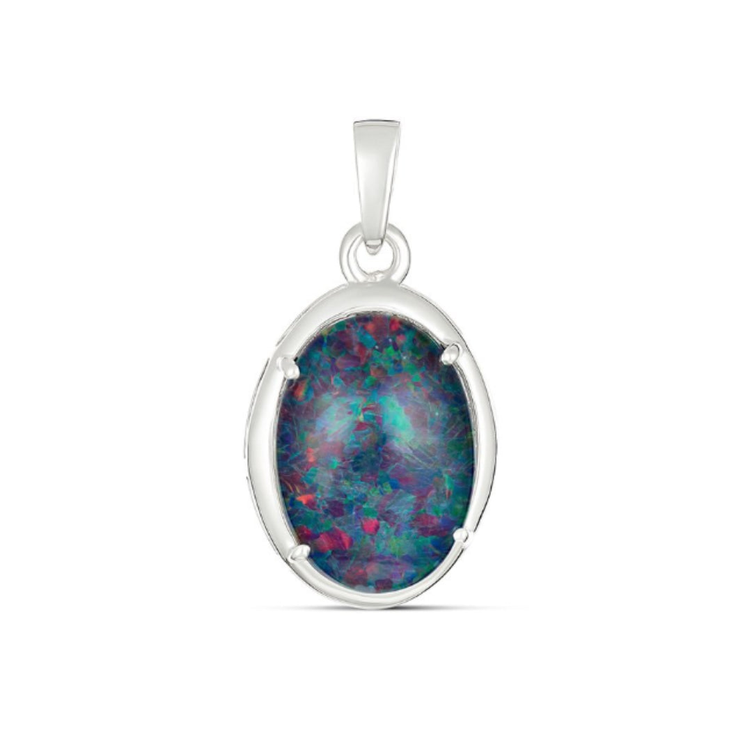 Sterling Silver 14 X 10Mm Oval Triplet Blue/Green/Red Opal Pendant.
