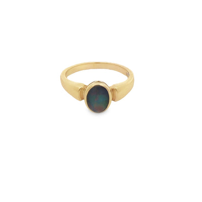9Ct Yellow Gold Australian Triplet Oval Opal Red/Blue/Green Bezel Set Ring Size N Warning: Triplet Opals Are Not Suitable For Prolonged Exposure To Liquids. This Ring Is Not To Be Worn In Water.