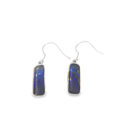 Sterling Silver Queensland Boulder Solid Dark Blue Opal Drop Earrings With Shephooks 8.68Ct