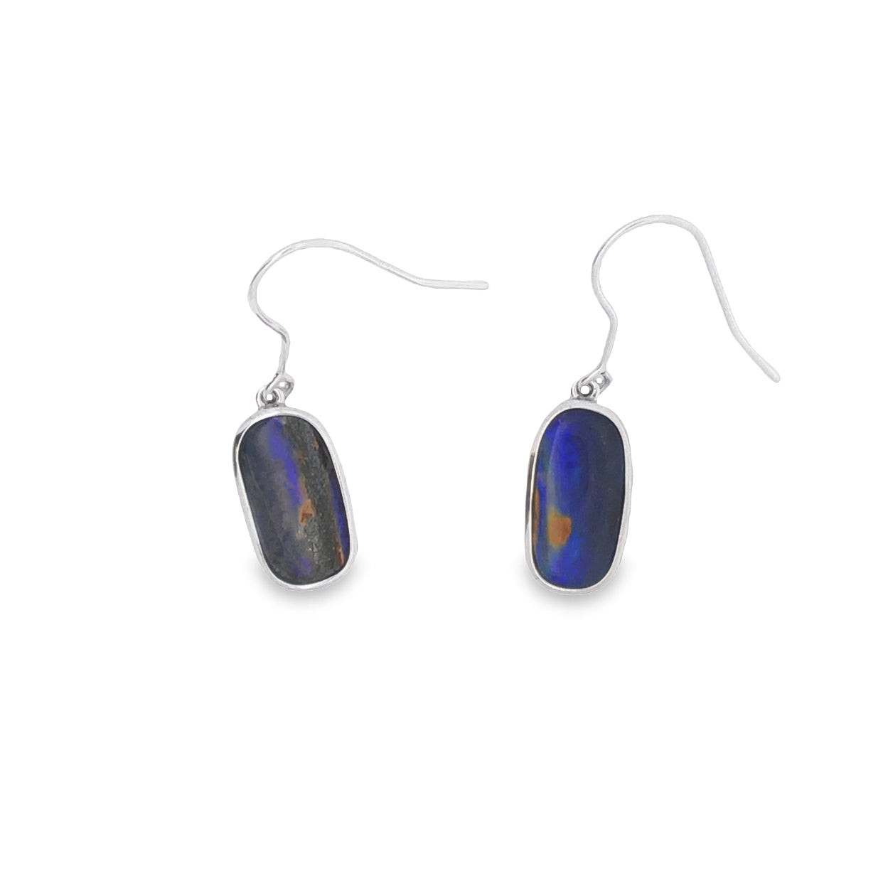 Sterling Silver Queensland Boulder Solid Dark Blue With Yellow Opal Drop Earrings With Shephooks 5.35Ct