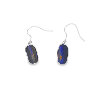 Sterling Silver Queensland Boulder Solid Dark Blue With Yellow Opal Drop Earrings With Shephooks 5.35Ct