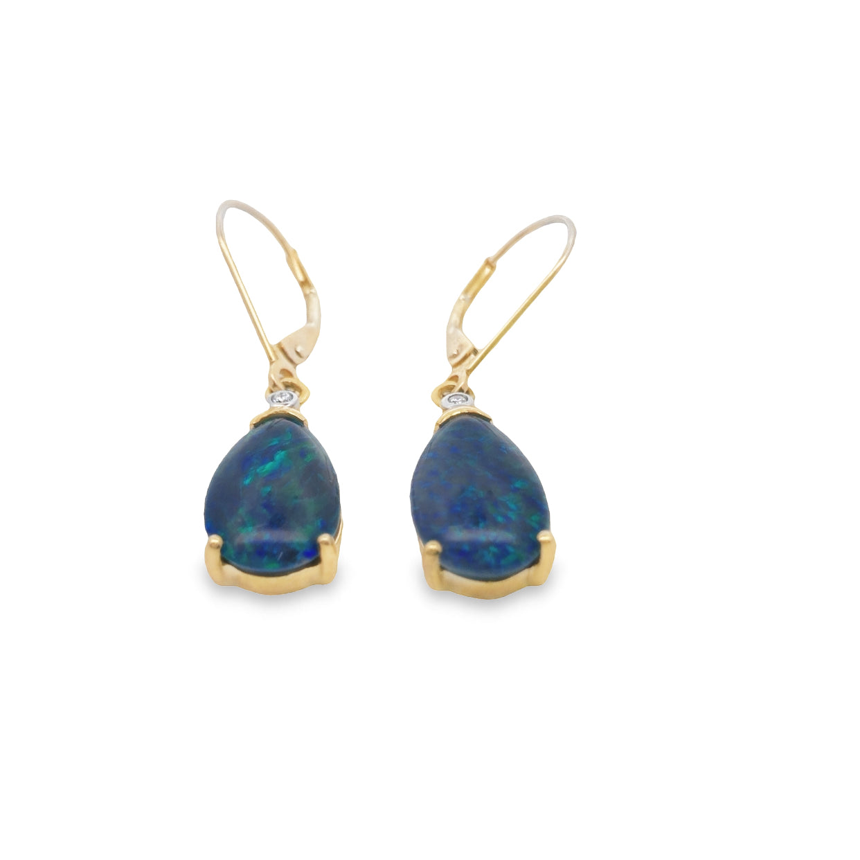 9Ct Yellow Gold Drop Earrings Set With 13X8mm Pear Shaped Blue/Green Triplet Opal And Diamonds With Continental Clips.