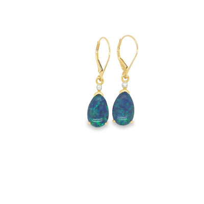 9Ct Yellow Gold Drop Earrings Set With 13X8mm Pear Shaped Blue/Green Triplet Opal And Diamonds With Continental Clips.