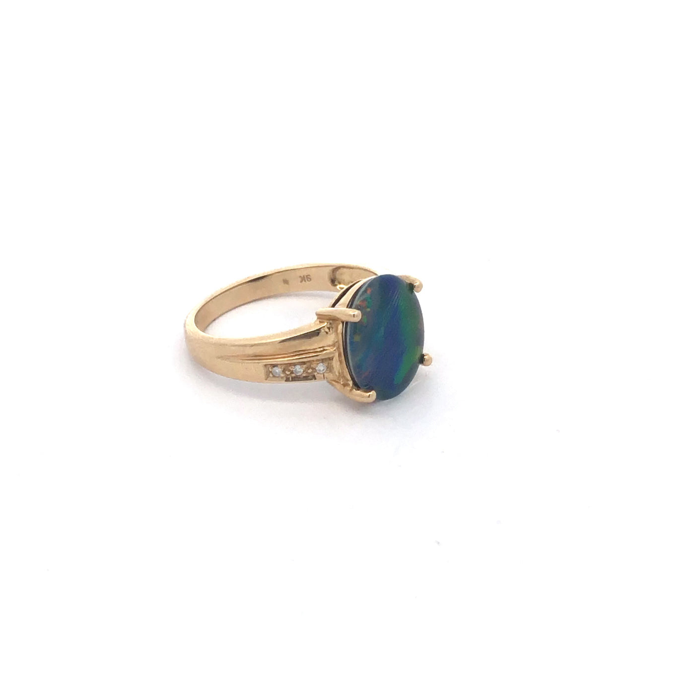 9Ct Yellow Gold Oval Blue/Green 12Mm X 10Mm Triplet Opal Bezel Set And Diamond Ring. Split Band Size P