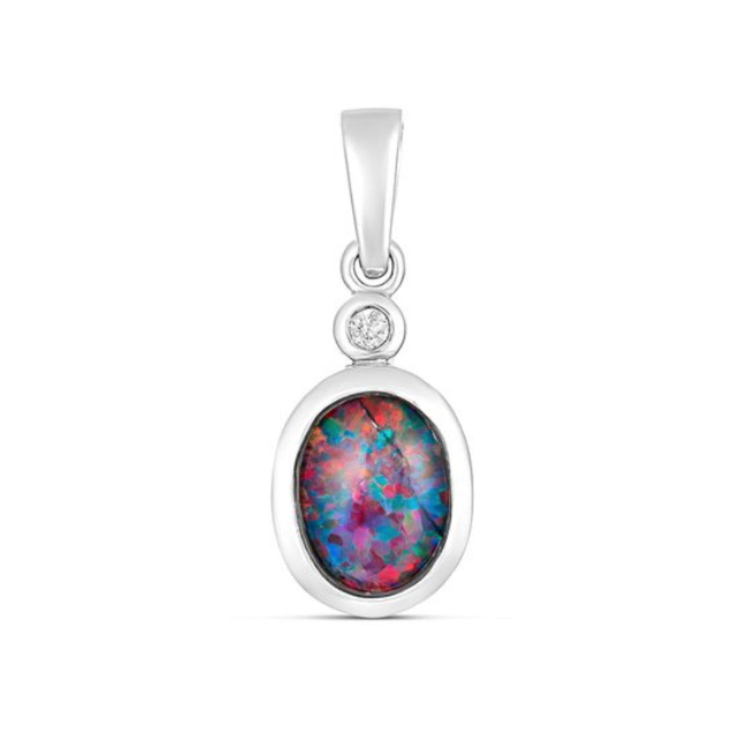 Sterling Silver Pendant Set With 8X 6Mm Oval Shaped Red/Blue/Green Triplet Opal Bezel Set And Cz
