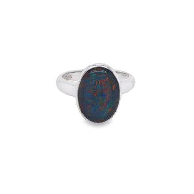 Sterling Silver Oval Blue/Green/Red Triplet Opal Bezel Set Ring. Size N