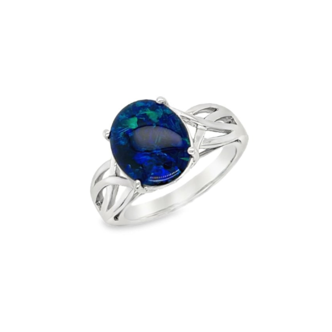 Sterling Silver Triplet Opal 12X10mm Blue/Green/Red Ring With Open Wire Shoulders. Size P