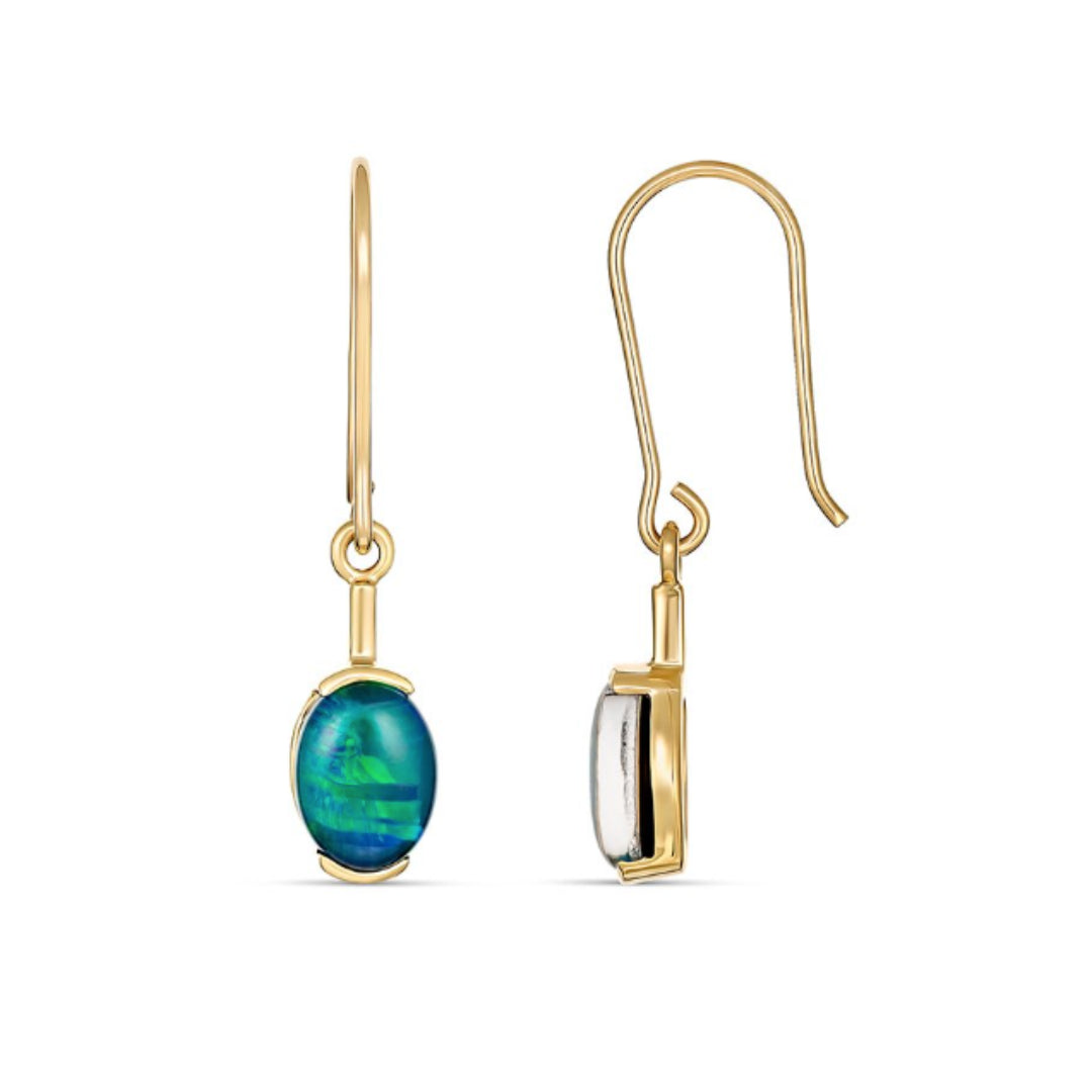 9Ct Yellow Gold 8X6mm Oval Triplet Blue/Green Opal Earrings On Shepherd Hooks..
