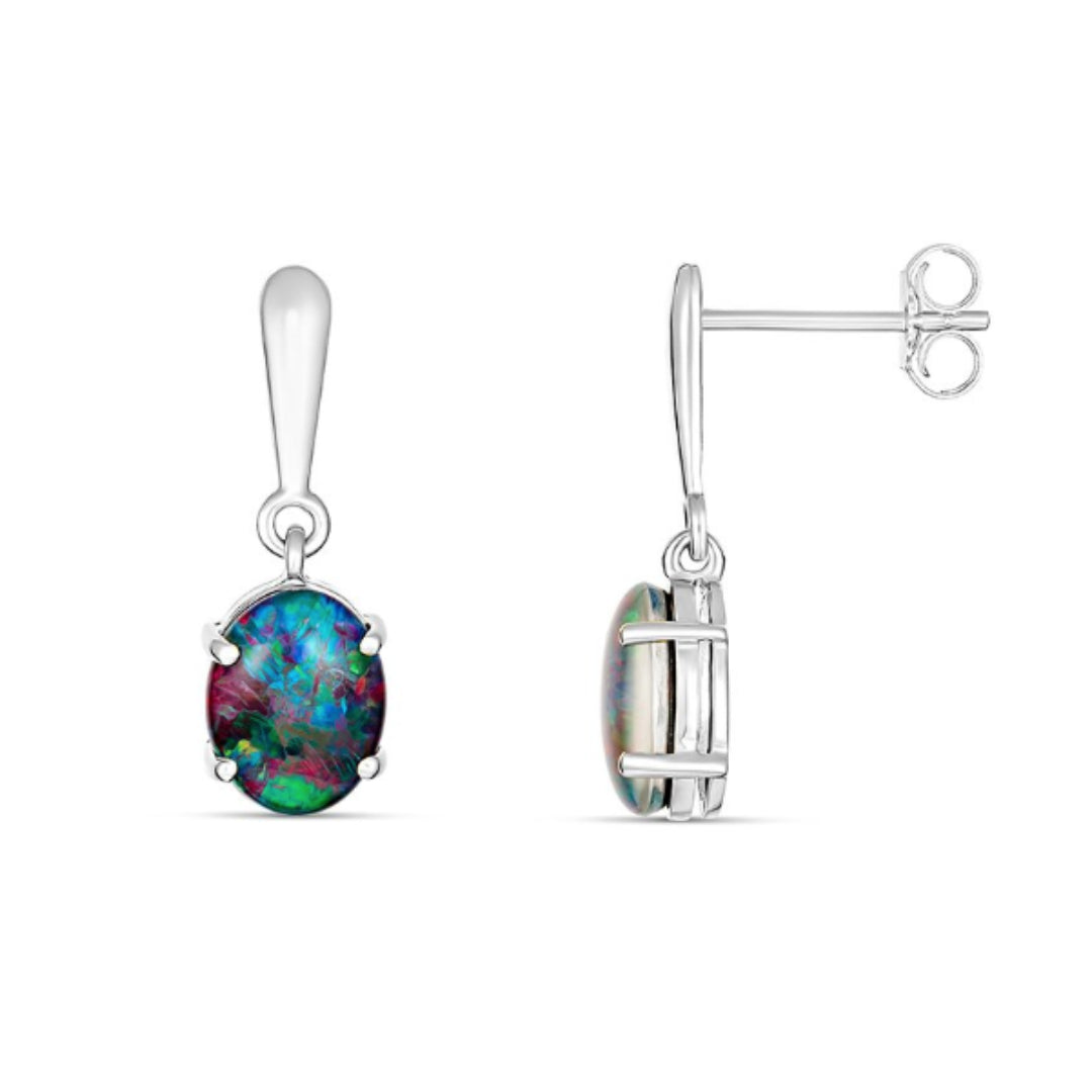 Sterling Silver 9X7mm Oval Triplet Blue/Red/Green Opal Drop Earrings