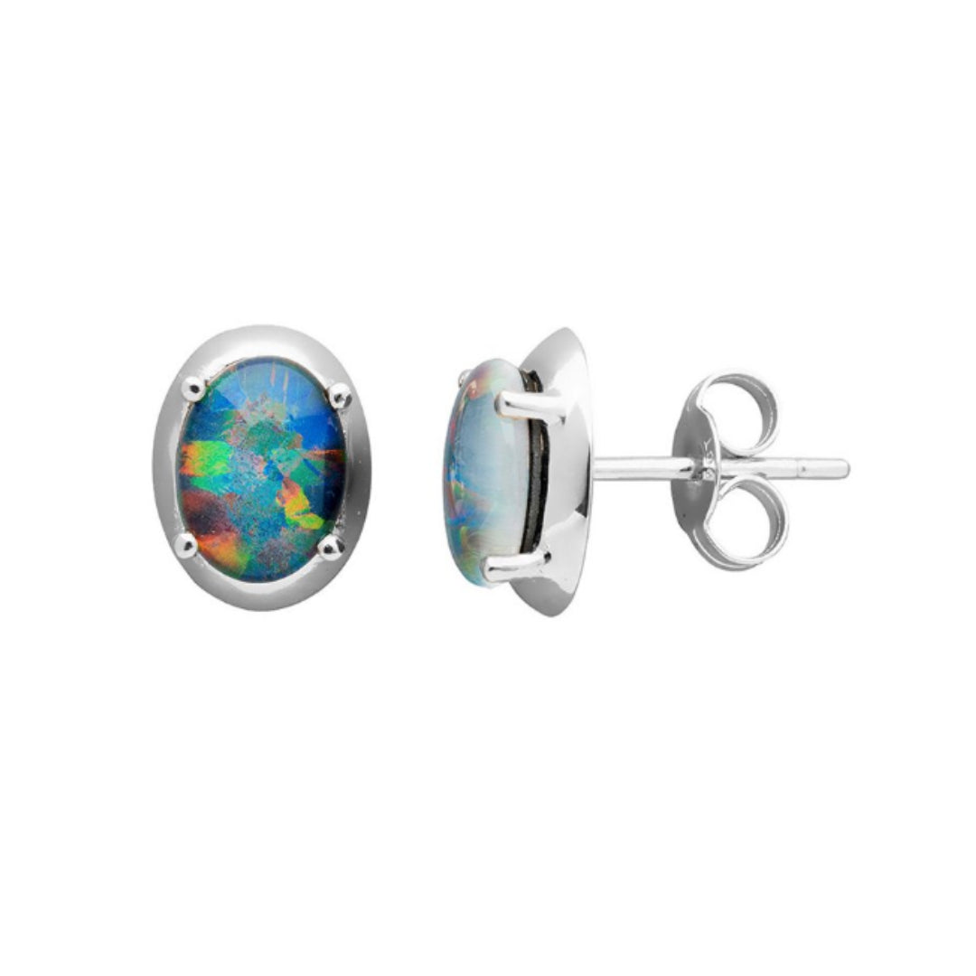 Sterling Silver 7X5mm Oval Claw Set Triplet Blue/Green Opal Earrings.