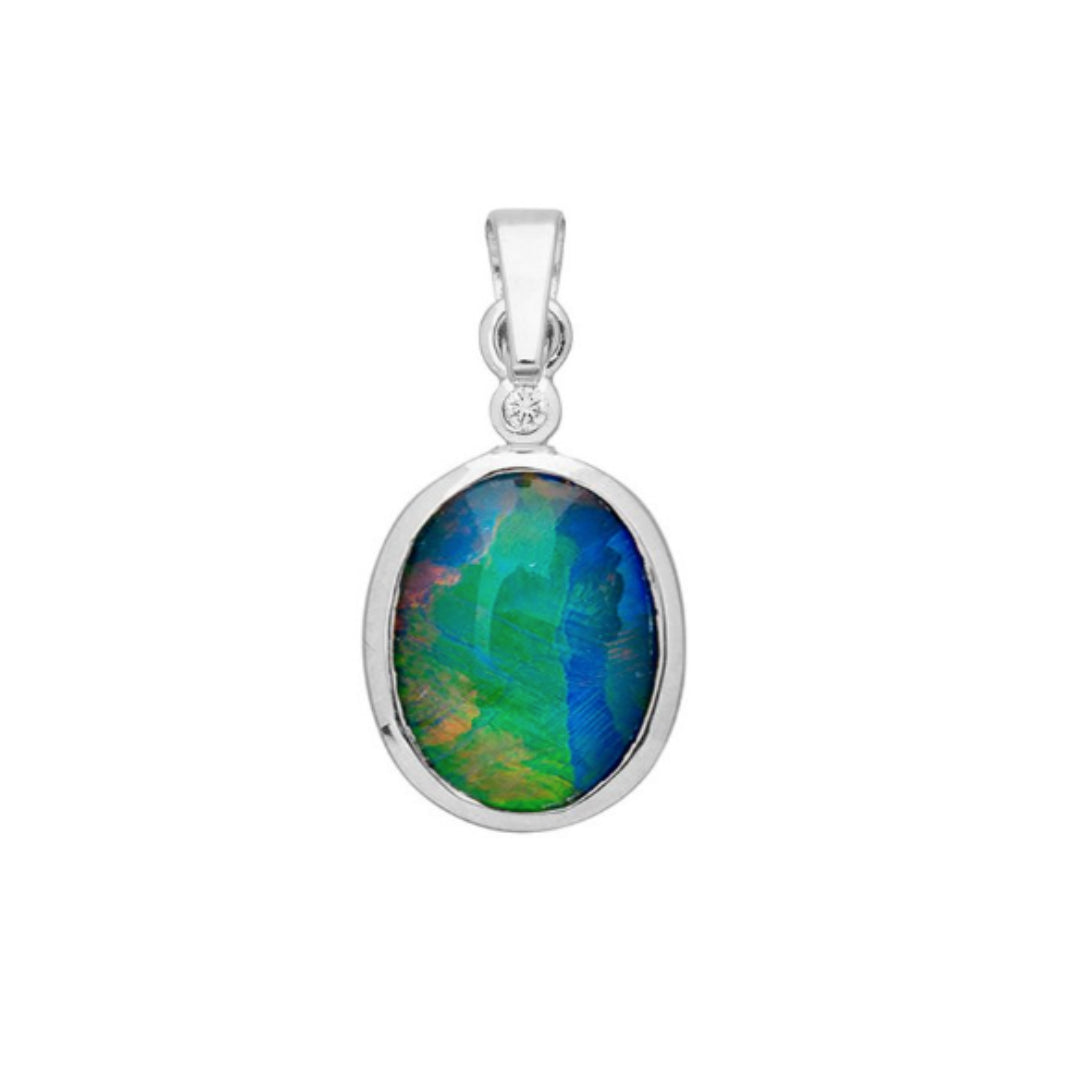 Sterling Silver 10 X 8Mm Oval Triplet Blue/Green Opal And Cubic Zirconia Pendant.