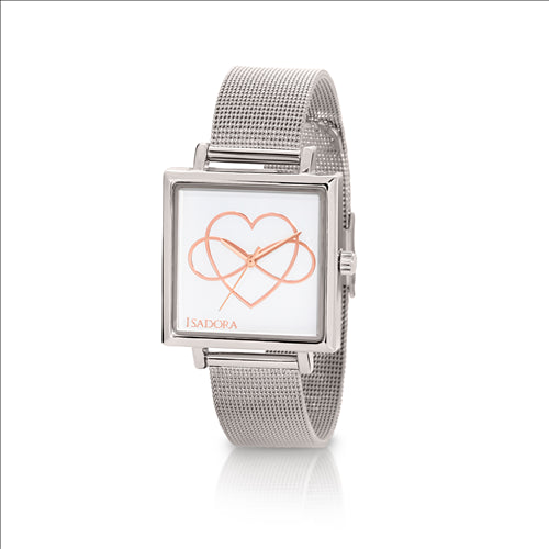 Isadora Cala Ladies Watch With Square Silver Plated Case, White Dial With Rose Gold Heart And Bow Detail And Silver Mesh Band