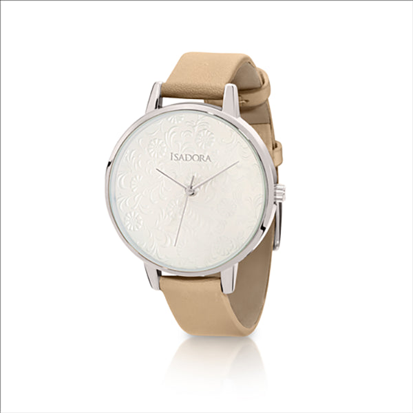 Isadora Andorra Ladies Watch With Round Silver Plated Case, White Floral Lace Detail Dial And Natural Leather Band