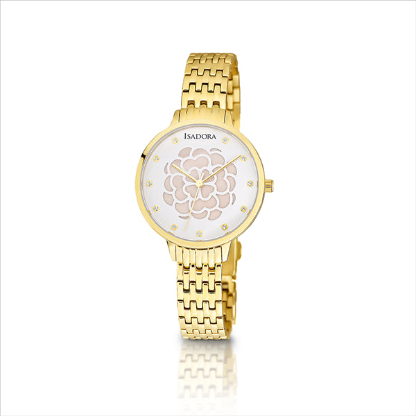 Isadora Ladies Watch With Gold Plated Case And Band, Crystal Accents And Round White Floral Mop Dial 34Mm Stainless Steel