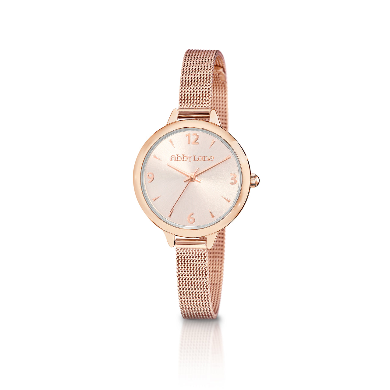 Abby lane charlotte rosetone case. rose dial with rose accents. rosetone mesh bracelet. case size 29mm