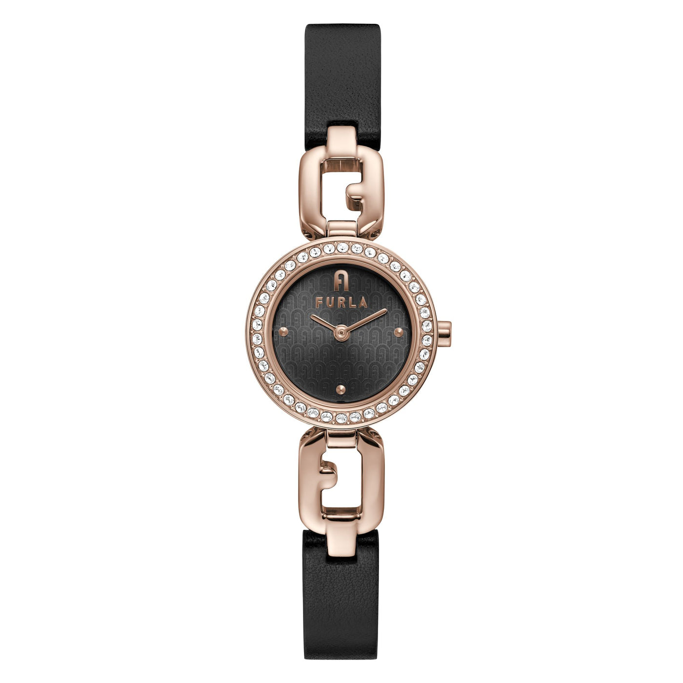 Furla Ladies Arco Crystal Rose Gold Black Leather Watch