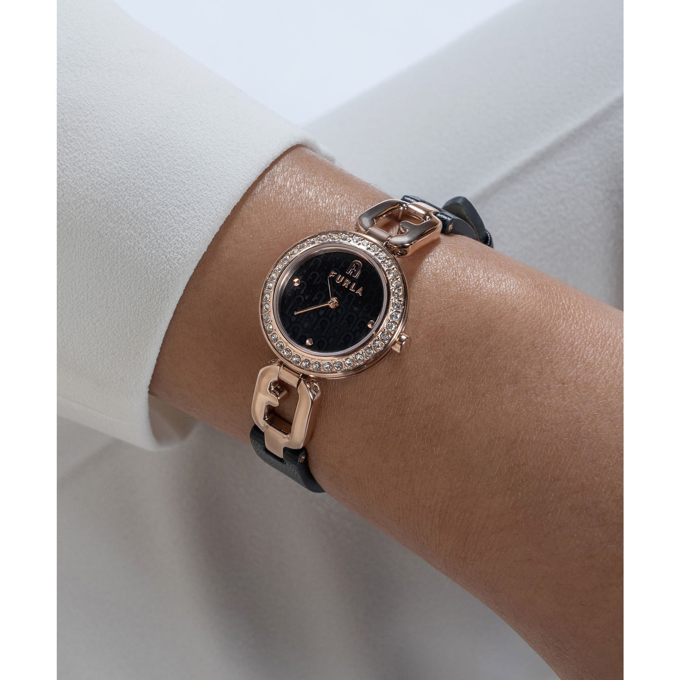 Furla Ladies Arco Crystal Rose Gold Black Leather Watch