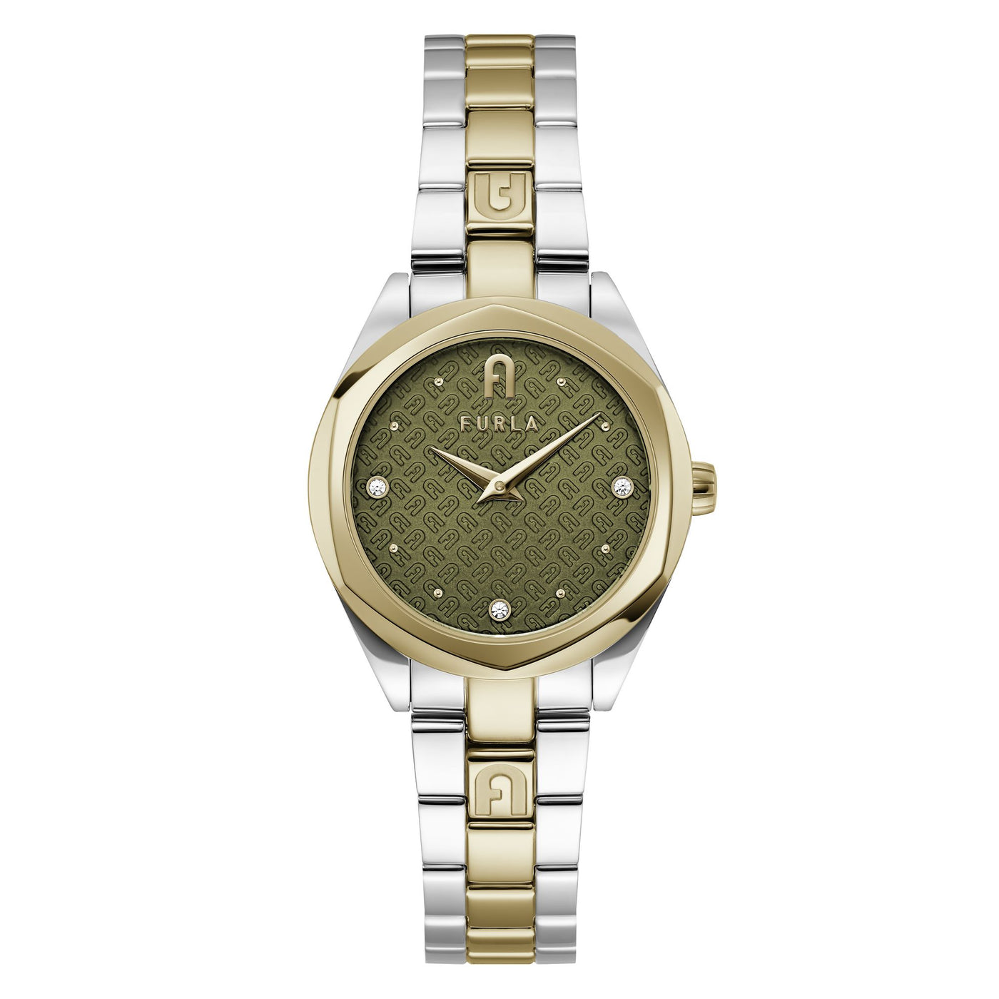 Furla Ladies Petite Green Dial 2 Tone Bracelet Watch