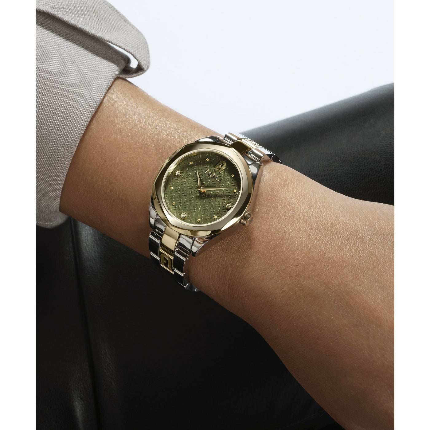 Furla Ladies Petite Green Dial 2 Tone Bracelet Watch