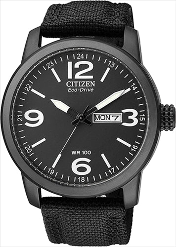 Citizen Eco Drive Gents Sports Watch Of Black S/Steel Round Black Dial With Numbers Day/Date Wr100m Black Nylon Strap Warr# 1888