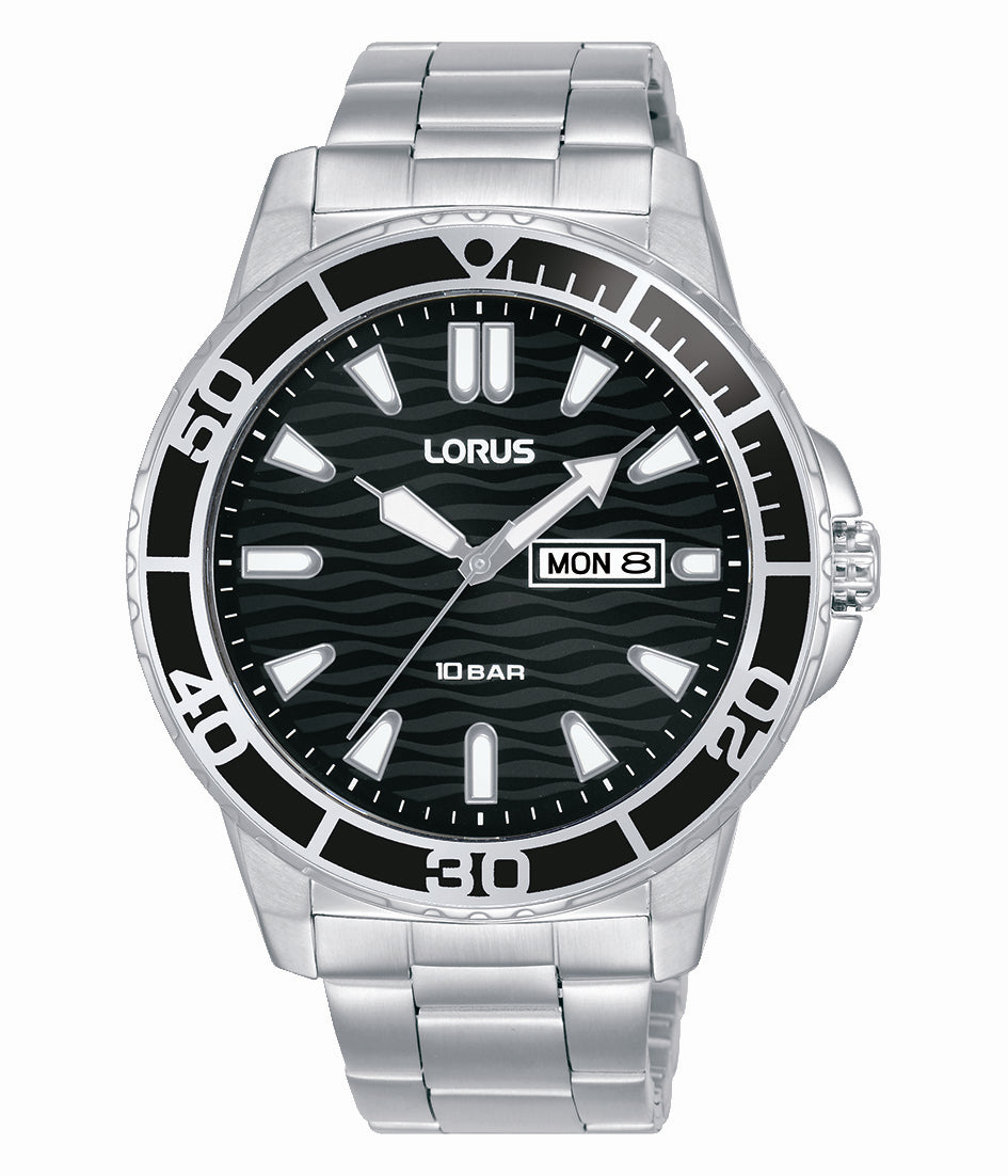 Lorus Stainless Steel Mens Sports 100M Black Dial Day/Date Bracelet Watch