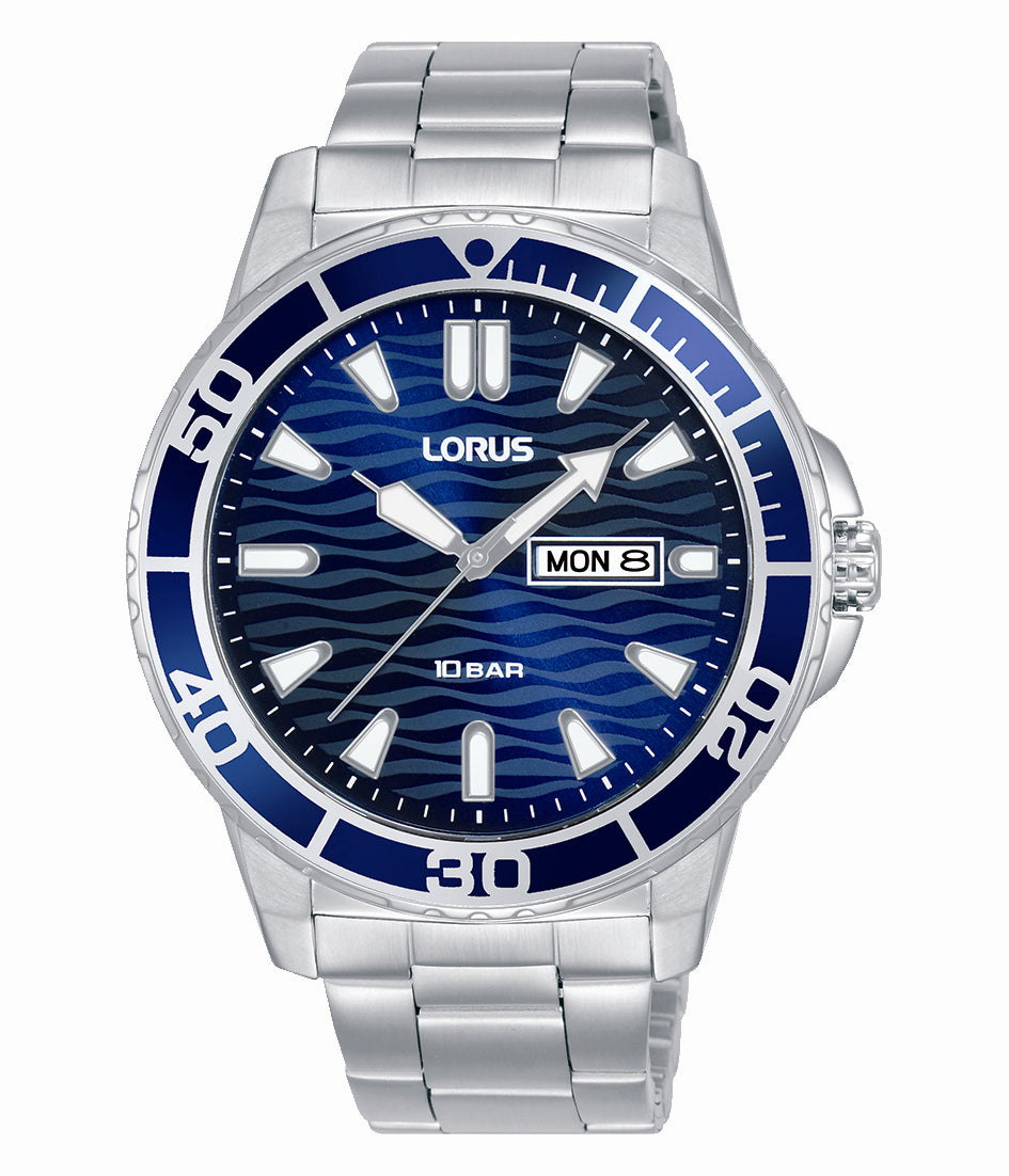 Lorus Stainless Steel Mens Sports 100M Blue Dial Day/Date Bracelet Watch