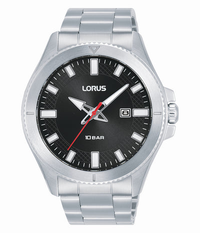 Lorus Stainless Steel Mens Sports 100M Black Dial Date Bracelet Watch