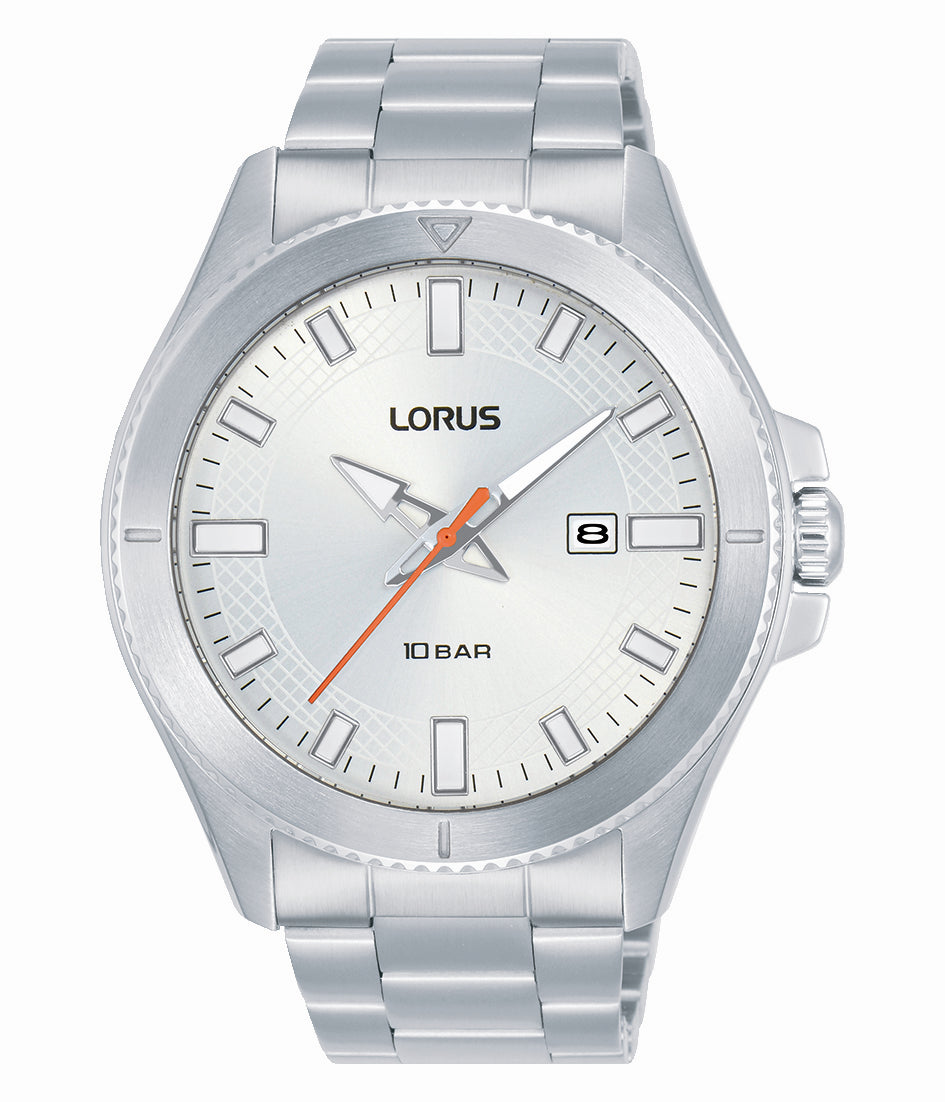 Lorus Stainless Steel Mens Sports 100M Silver Dial Date Bracelet Watch