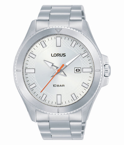 Lorus Stainless Steel Mens Sports 100M Silver Dial Date Bracelet Watch