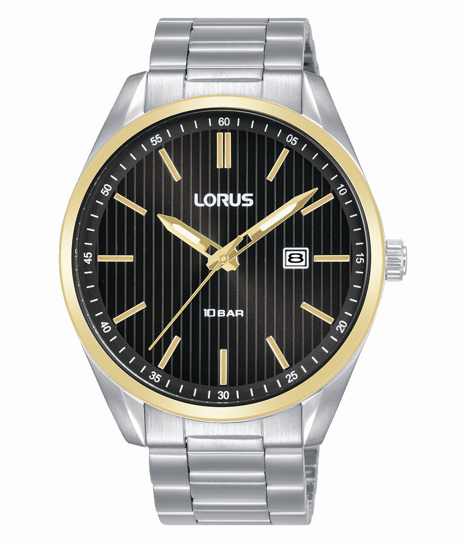 Lorus 2 Tone Stainless Steel Mens Sports 100M Black Dial Date Bracelet Watch