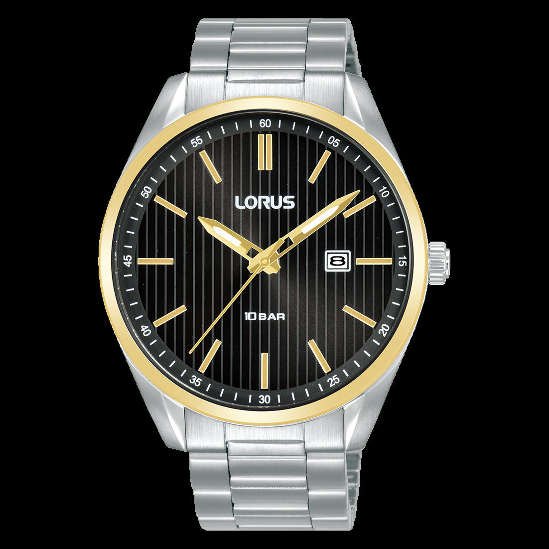 Lorus 2 Tone Stainless Steel Mens Sports 100M Black Dial Date Bracelet Watch