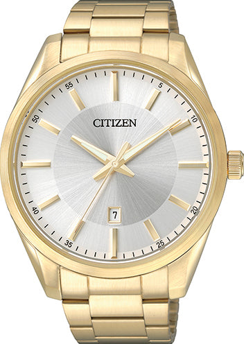 Citizen Gents Dress Watch With Stainless Steel Yellow Gold Plated Case And Bracelet Band, Round Silver Dial With Day/Date 50M Wr-