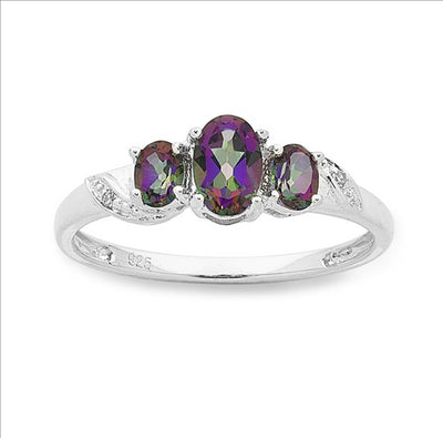 Sterling silver dress ring with 3 x oval mystic topaz in centre trilogy and round brilliant cut diamonds in shoulders