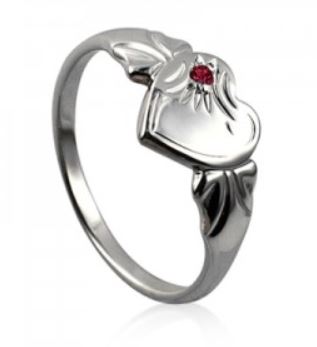 Sterling Silver Single Heart Signet Ring With January Birthstone Size P