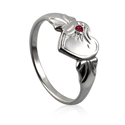 Sterling Silver Single Heart Signet Ring With January Birthstone Size P