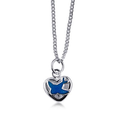 Sterling Silver Heart Pendant With Blue Enamel Bluebird With Chain