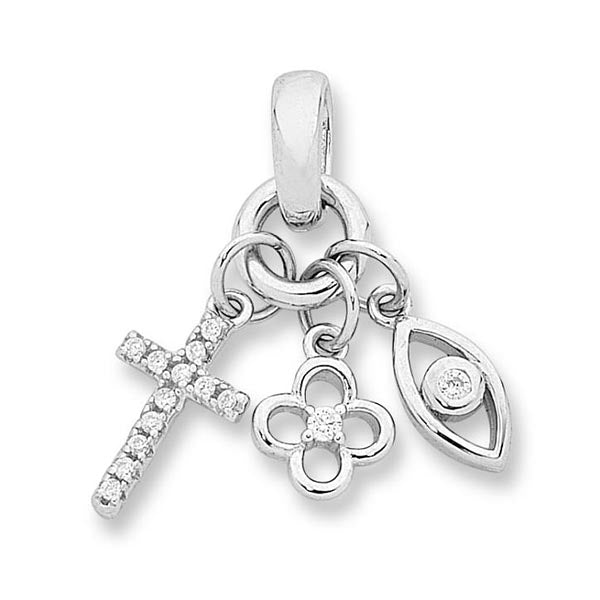 Sterling silver cross, flower and eye cubic zirconia set pendant