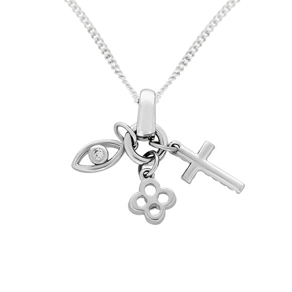 Sterling silver cross, flower and eye cubic zirconia set pendant