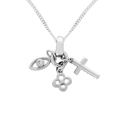 Sterling silver cross, flower and eye cubic zirconia set pendant