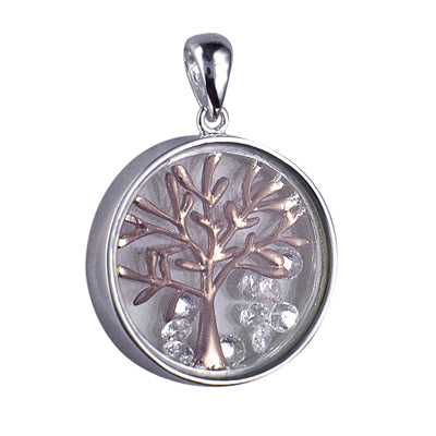 Sterling Silver Glass Enclosed Pink Gold Hard Gold Plated Tree Of Life With Cz