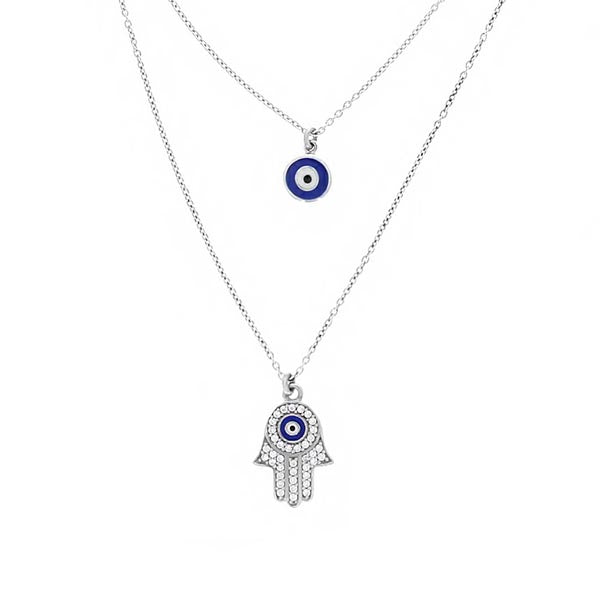 Sterling Silver 2 Layer Necklace With Cubic Zirconia And Blue Enamel