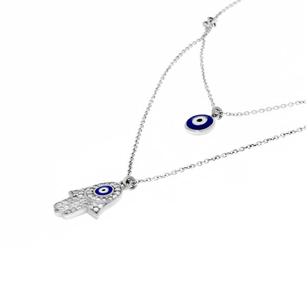Sterling Silver 2 Layer Necklace With Cz And Blue Enamel